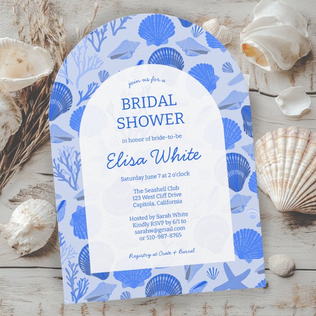 Elegant för  för Seashells Möhippa Beach ANPASSNIN Inbjudningar (Seashells Bridal Shower Elegant Beach CUSTOM Arch Invitation
)
