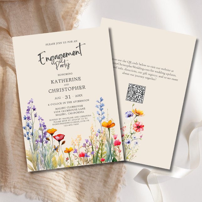 Elegant för Förlovningsfest av färgämnet Wildblomm Inbjudningar (Wedding Engagement Party Invitation with colorful jewel tone wildflowers in purple, red, orange.)