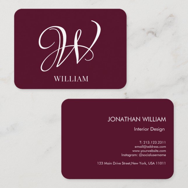 Elegant för första Personligen Burgundy Monogram Visitkort (Fram/baksida)