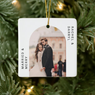 Elegant för gift och merry Photo Minimal Script Julgransprydnad Keramik