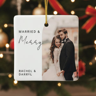 Elegant för gift och merry Photo Minimal Script Julgransprydnad Keramik