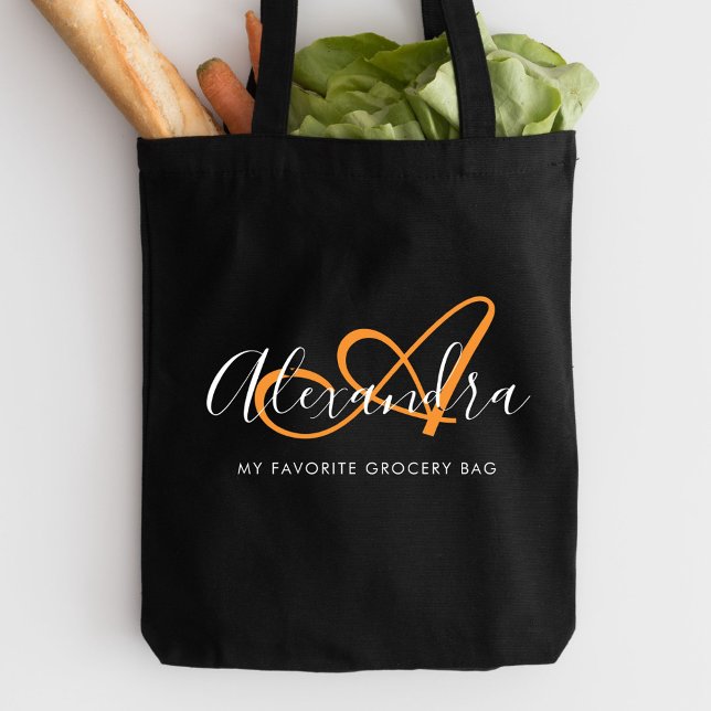 Elegant för Girly Saffron-Orange, Namn Monogram Tygkasse (Girly Saffron Orange Elegant Script Name Monogram Tote Bag)