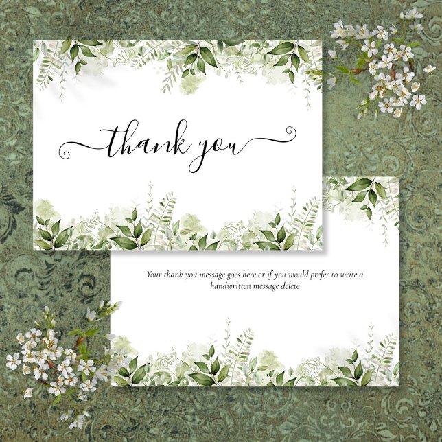 Elegant för Grey Löv Tack Kort (Greenery Leaves Elegant Script Thank You Card)
