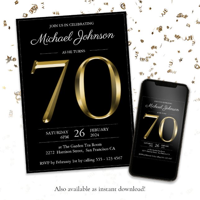 Elegant för Guld Black 70:e födelsedagen Inbjudningar (Black 70th Birthday Solid Gold Text Modern Classy Invitation)