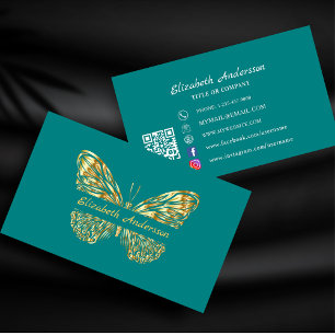 Elegant för guld QR-kod för fjäril-teal grönt Visitkort
