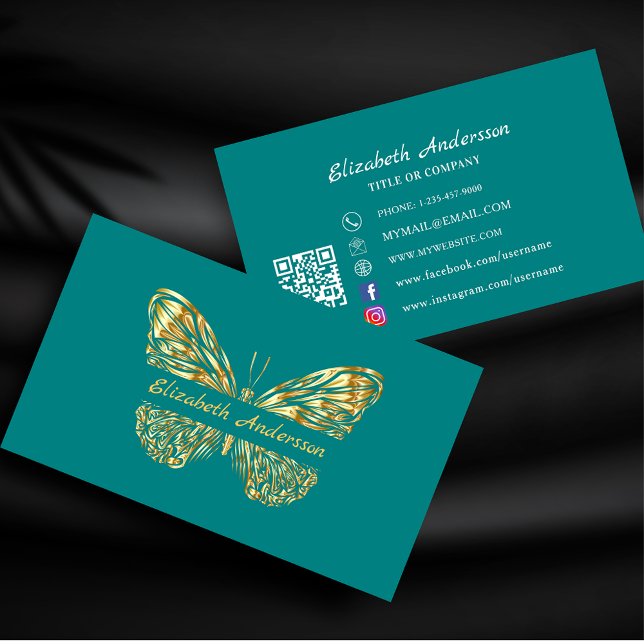 Elegant för guld QR-kod för fjäril-teal grönt Visitkort (Skapare uppladdad)