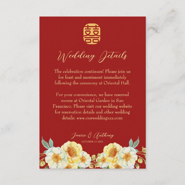 Elegant för kinesiska bröllop gult-blommigt tilläggskort (Framsida)