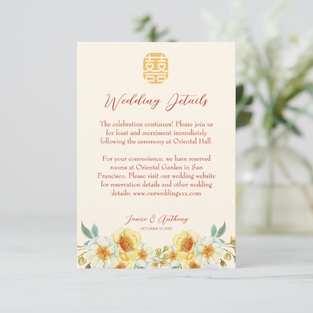 Elegant för kinesiska bröllop gult-blommigt tilläggskort (Stående Fram)