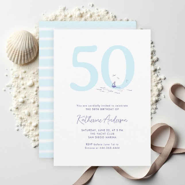 Elegant för kustsjöfart vid havsområdet 50:e födel inbjudningar (50TH birthday invitation her coastal nautical boat yacht beach waterfront ocean marina stripes)