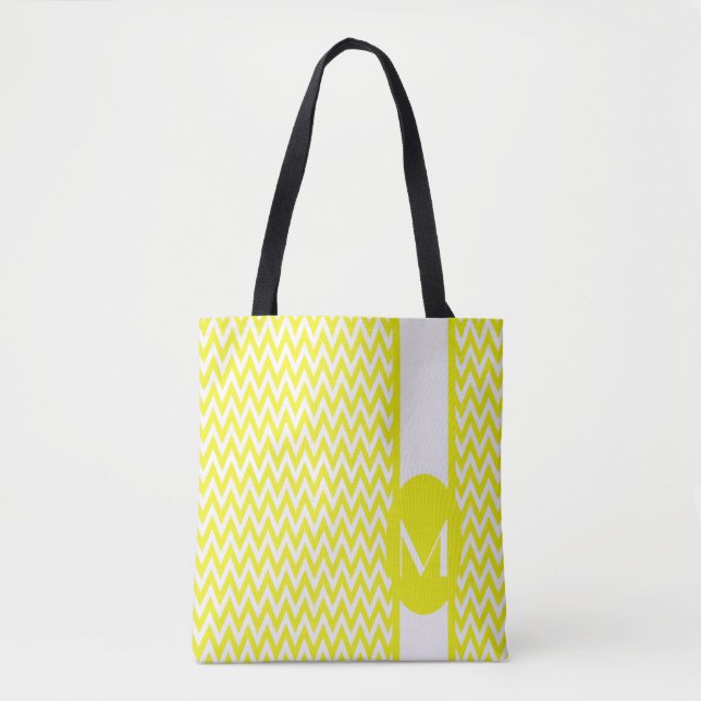 Elegant för Lemon Gult Chevron Design med monogram Tygkasse (Framsida)