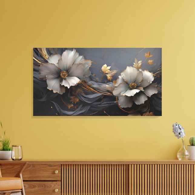 Elegant för lyxMörk Grått Guld Blommigt Modern Canvastryck (Insitu (Vardagsrum))
