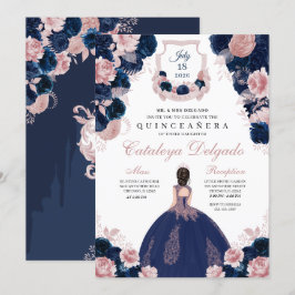 Elegant för marin blå och  Rosa Blommigt Quinceañe Inbjudningar