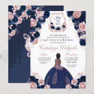 Elegant för marin blå och Rosa Blommigt Quinceañe Inbjudningar