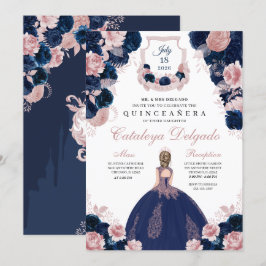 Elegant för marin blå och  Rosa Blommigt Quinceañe Inbjudningar