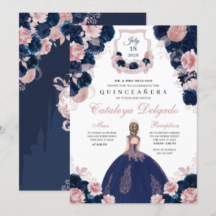 Elegant för marin blå och Rosa Blommigt Quinceañe Inbjudningar