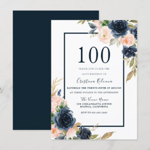 Elegant för marin och Blommigt 100:e Födelsedagsf Inbjudningar