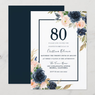 Elegant för marin och Blommigt 80:e Födelsedagsfe Inbjudningar