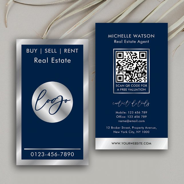 Elegant för marin och Silver Logotyp Real Gods QR- Visitkort (Elegant navy blue and silver effect QR code vertical business cards for property sales agents)