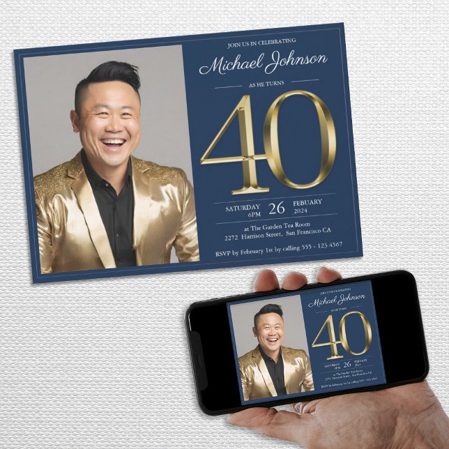 Elegant för marinblått Guld, foto 40:e födelsedag  Inbjudningar (Navy Blue Gold Elegant Photo 40th Birthday Party Invitation)