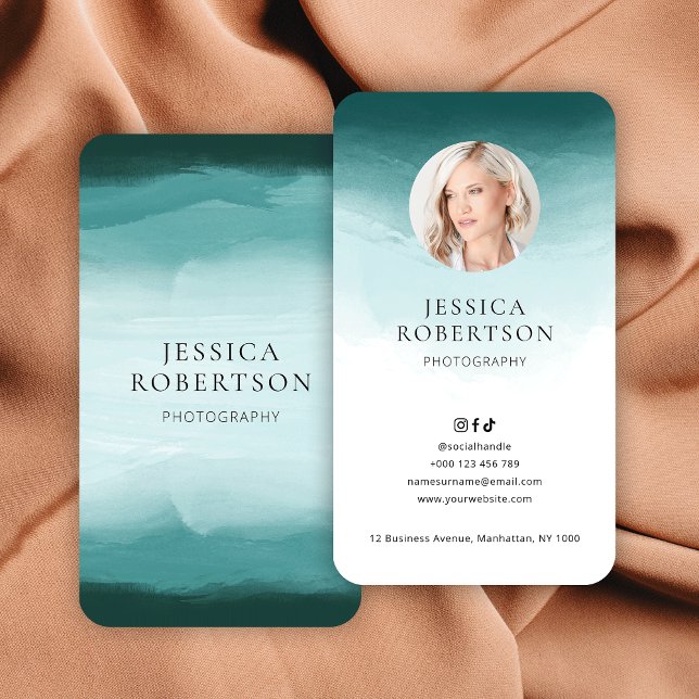 Elegant för modern vattenfärgsskalsdesigner-foto visitkort (Elegant turquoise watercolor business cards with your custom photo)