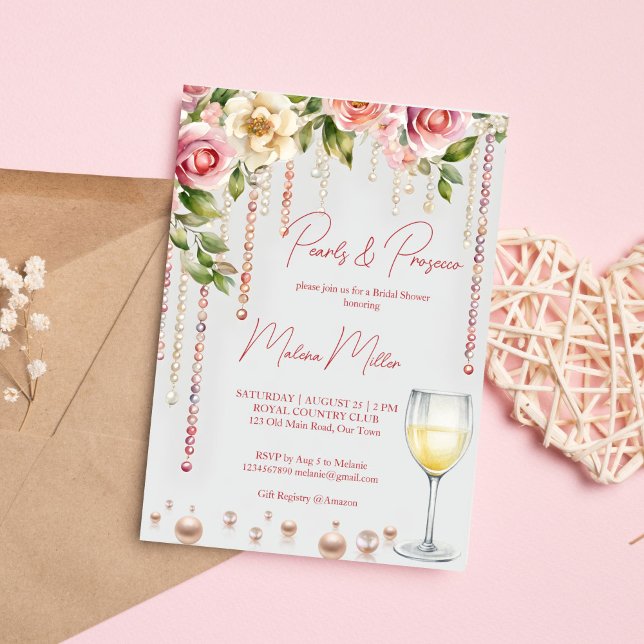 Elegant för möhippa av pärlor och åklagarmyndighet inbjudningar (Pearls and prosecco bridal shower elegant invitation editable template instant download blush pink)