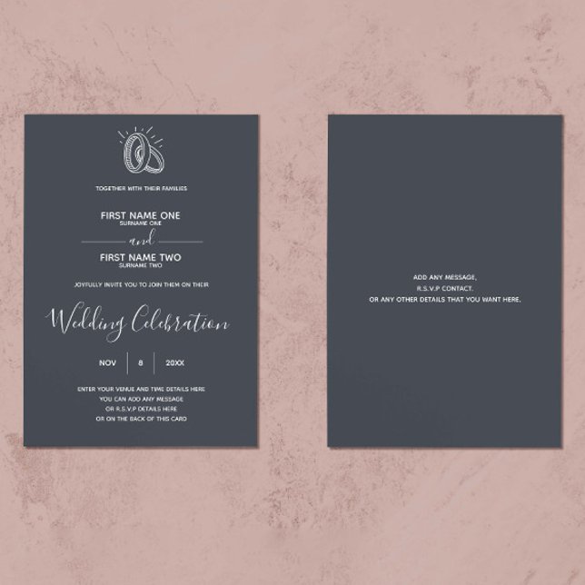 elegant för mörken bröllop ringar inbjudningar (Contemporary wedding invitation, featuring an elegant script and run drawn wedding rings)