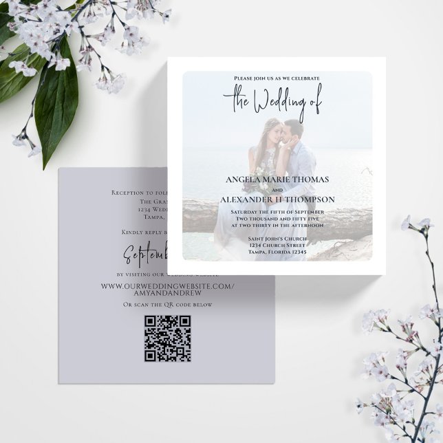 Elegant för Online av fotot QR-kod för OSA - ljusb Inbjudningar (Elegant photo Light blue wedding invitation with a scannable QR code.)