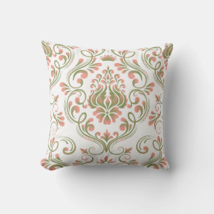Elegant för Peach and Sage Grönt Damask Blommönste Kudde