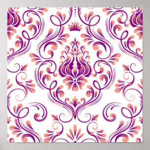 Elegant för Peach och Lila Damask-Blommönster Poster
