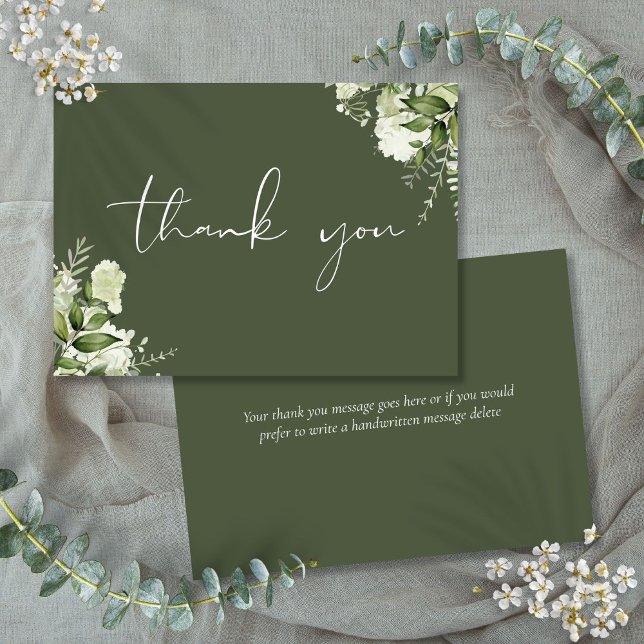 Elegant för personlig av Oliv grönt Blommigt Tack Kort (Personalized Olive Green Floral Elegant Script Thank You Card)