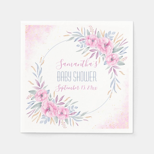 Elegant för  Rosa Flowers Watercolor  Pappersservett (Framsidan)