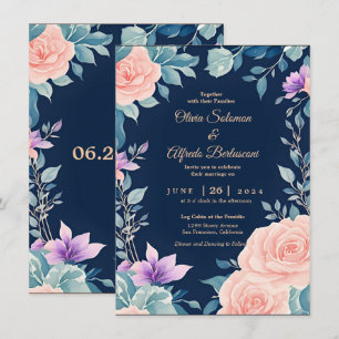  elegant för rosa och marin blå blommigt inbjudningar