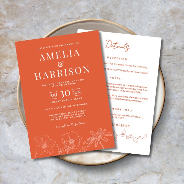 Elegant för solnedgång i Orange allt på ett Bröllo Inbjudningar (Sunset Orange Elegant All-In-One Floral Wedding Invitation with Wedding Details on the Back.)