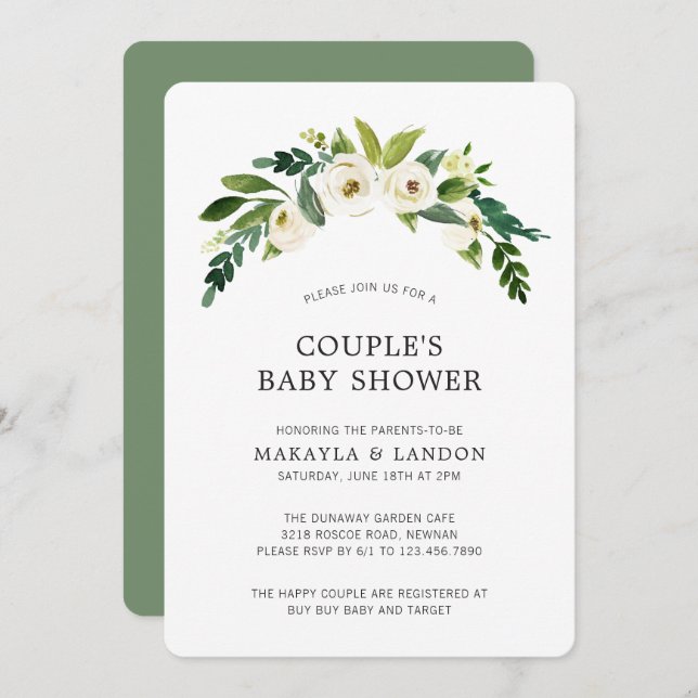 Elegant för spädbarn i vit Blommigt med liten  Inbjudningar (Fram/baksida)