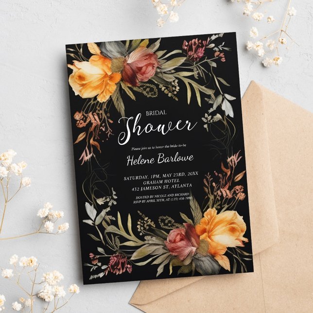 Elegant för svart Blommigt, Möhippa Inbjudningar (Black Floral Elegant Bridal Shower Invitation)