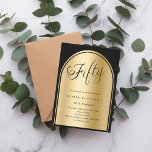 elegant för svart guld-bågskript på 50 år inbjudningar<br><div class="desc">En elegant på 50-årsinbjudan. En svart bakgrund med en gyllene båge på framsidan.</div>