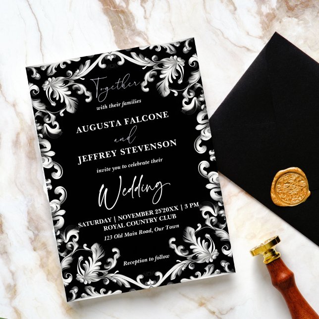 Elegant för svartvit dekoration i hela bröllop inbjudningar (Black and white vintage decor elegant all in one wedding template invitation modern typography)