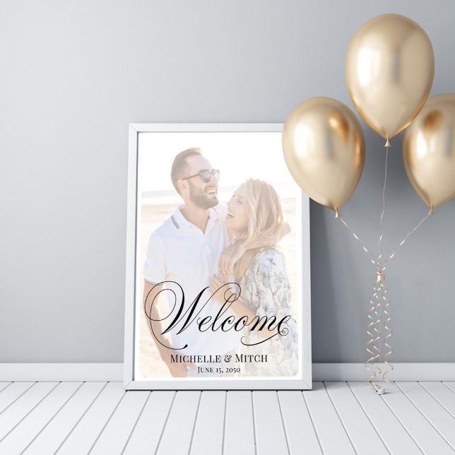 Elegant för välkomstsignering för Bröllop, foto Poster (Wedding welcome sign with photo template and stylish calligraphy script. )