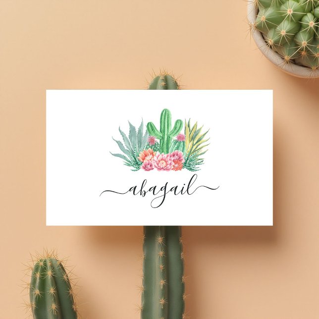 Elegant för vattenfärgsaktualitet och Rosa Blommig Visitkort (Watercolor Cactus and Pink Floral Elegant Business Card)