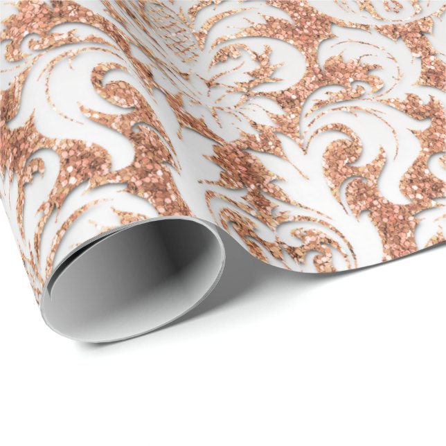 Elegant för Velvet Peach Ro Guld Silver Damask Presentpapper (Rullad Hörn)