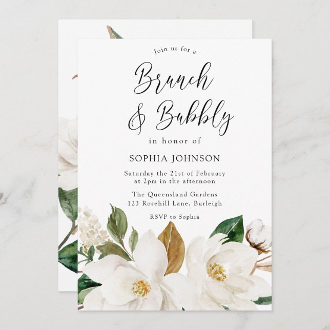 Elegant för vit Blommigt Brunch & Bubly-Möhippa Inbjudningar (Fram/baksida)