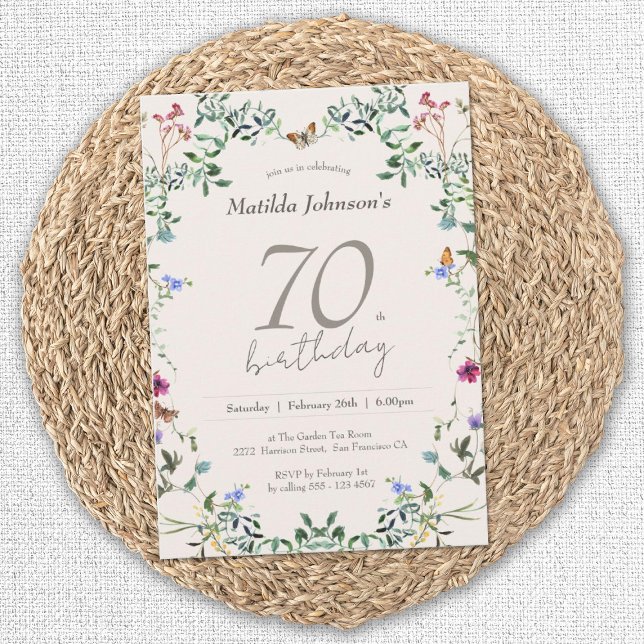 Elegant för Wildblommor, Blommigt 70:e Födelsedags Inbjudningar (Elegant 70th Birthday Wildflowers Floral Invitation)
