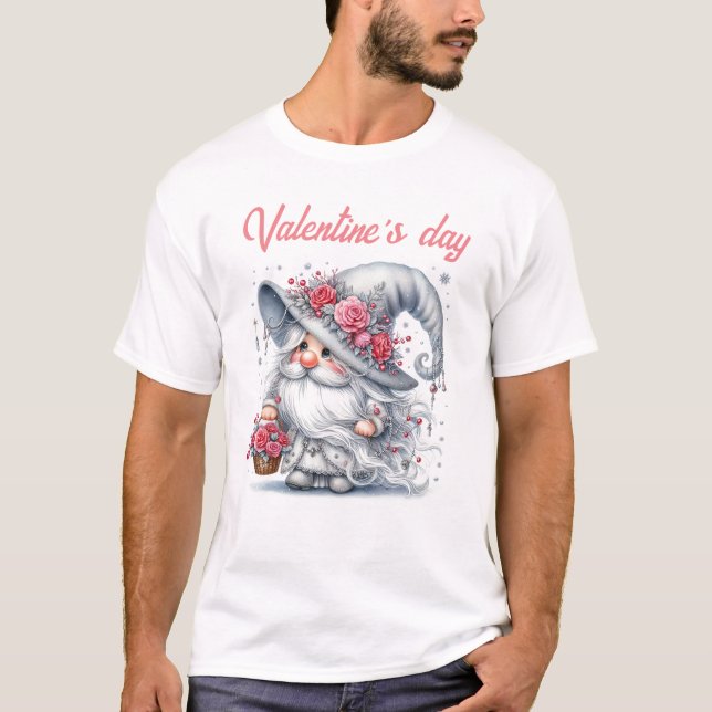Elegant foral basket silver valentine söt gnome t shirt (Framsida)
