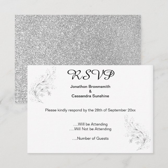 ELEGANT FÖRENKLA OSAN SILVER LÖV SILVER GLITTER INBJUDNINGAR (Fram/baksida)