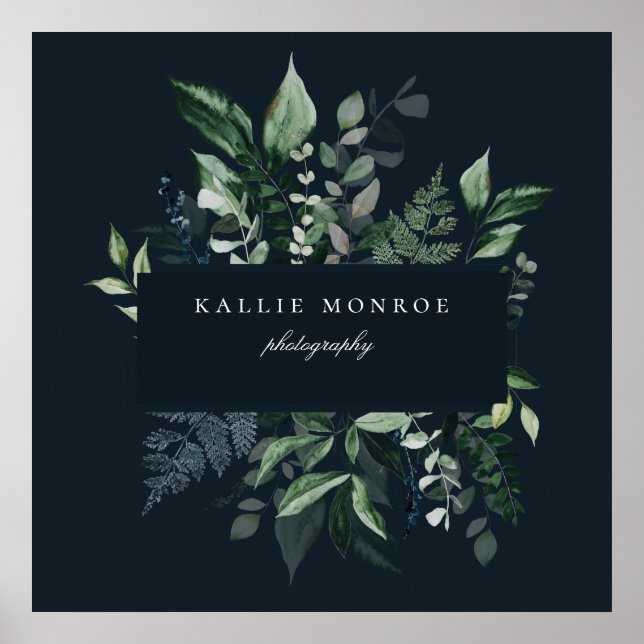 Elegant Forest Foliage Ram Mörk blått Business Poster (Framsidan)
