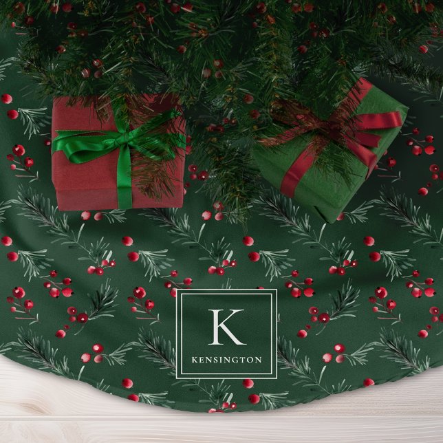 Elegant Forest Grönt Botaniskt julmonogram Julgransmatta Borstad Polyester (Elegant Forest Green Botanical Christmas Monogram Brushed Polyester Tree Skirt)