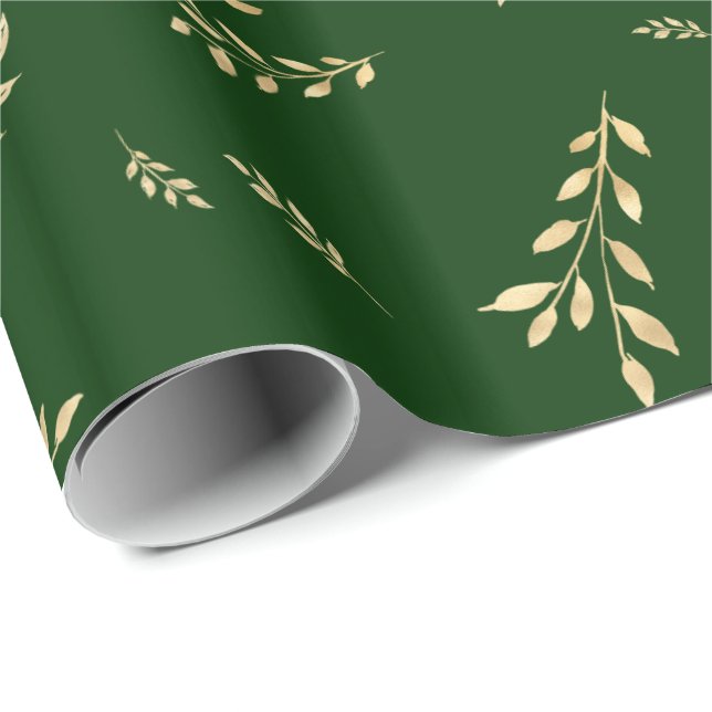 Elegant Forest Grönt Gold Foil Löv Presentpapper (Rullad Hörn)
