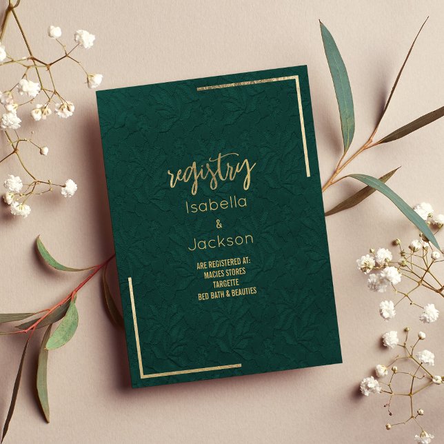 Elegant Forest grönt guld blommigt snöre register Tilläggskort (Elegant forest green gold floral lace Registry Enclosure)