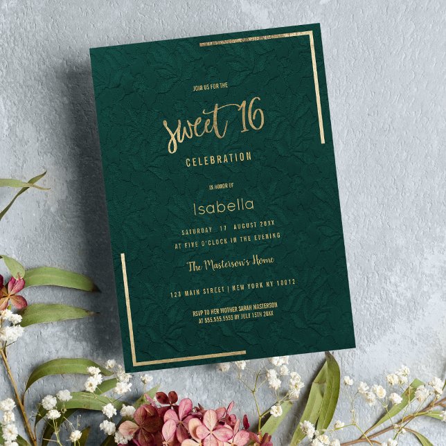 Elegant Forest grönt guld blommigt snöre Sweet 16 Inbjudningar (Elegant forest green gold floral lace Sweet 16 Invitation )