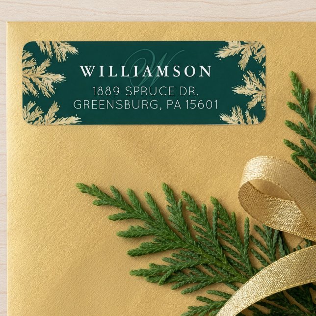 Elegant Forest Grönt & Guld Gräs Forest Monogram Returadress Etikett (Elegant Forest Green & Gold Pine Forest Monogram Label)